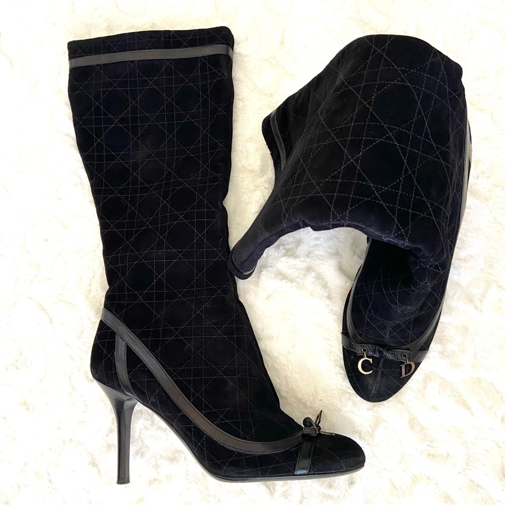 CHRISTIAN DIOR Cannage Quilted Suede Leather Knee-High Boots Stiletto He…